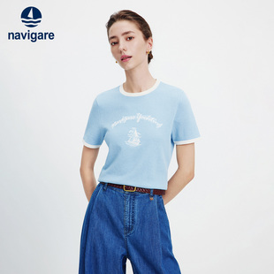 Navigare意大利小帆船蓝色百搭短袖T恤女2026夏季圆领套头体恤衫