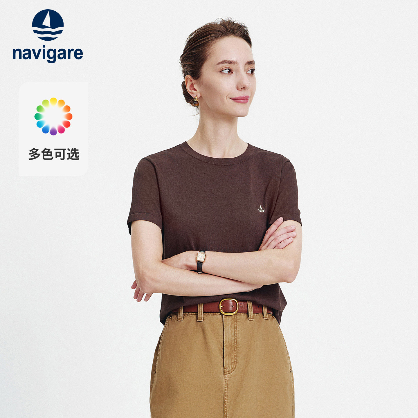 Navigare小帆船棕色圆领短袖针织衫女2026夏季新款半袖T恤上衣