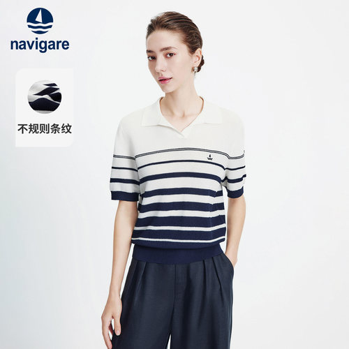 Navigare翻领条纹短袖针织衫