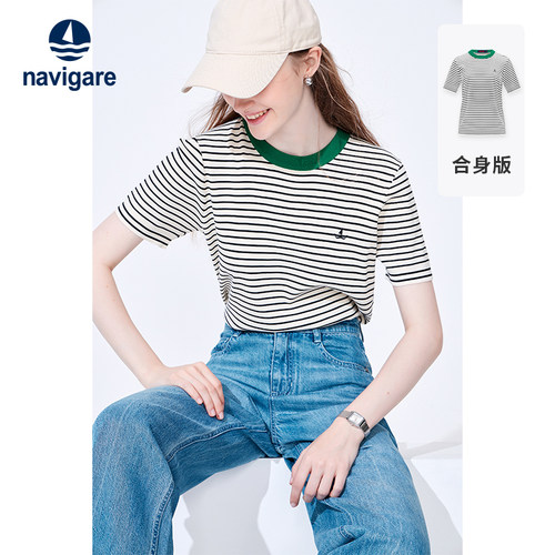 意大利小帆船条纹短袖T恤女