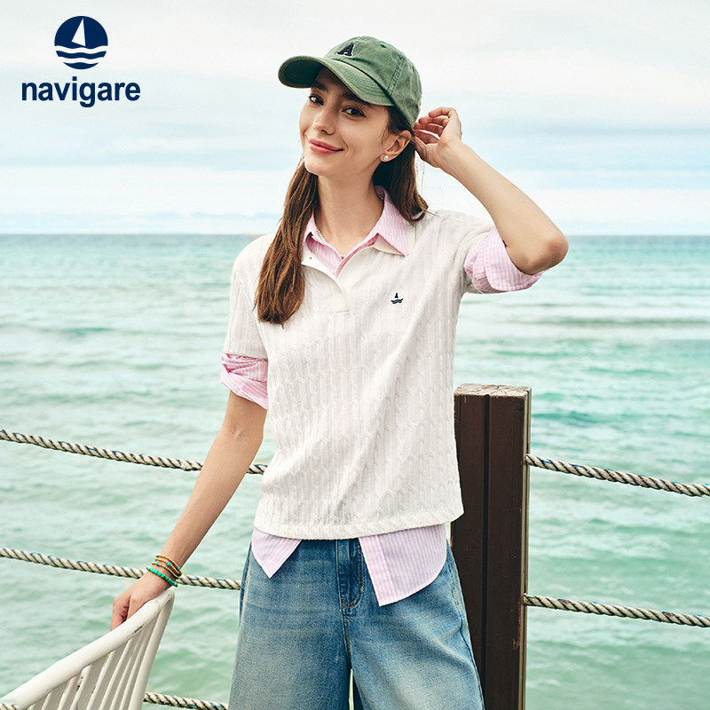 Navigare意大利小帆船白色绞花针织衫女短袖2026春夏修身