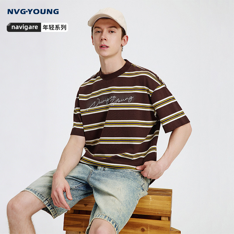 Navigare意大利小帆船纯棉条纹短袖T恤男2026夏季休闲宽