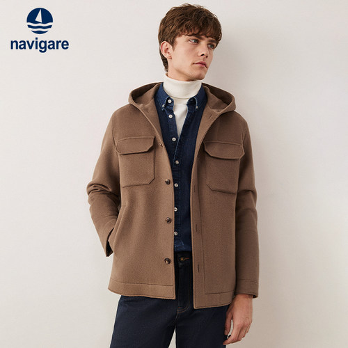 Navigare连帽短款羊毛呢大衣