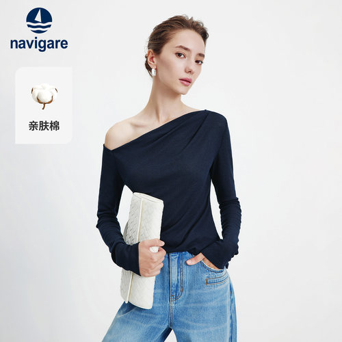 Navigare法式露肩休闲长袖T恤