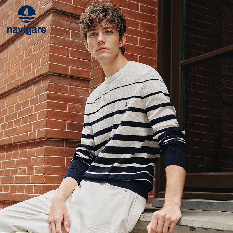 Navigare意大利小帆船纯棉条纹针织衫男士春秋季新款通勤圆领
