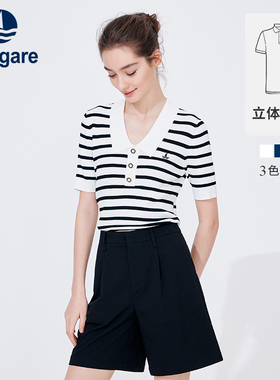 Navigare意大利小帆船黑色条纹针织Polo衫女夏季新款休闲短袖T恤