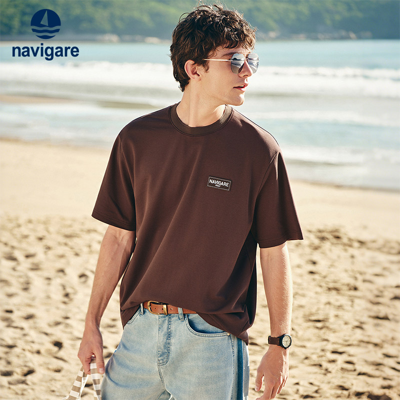 Navigare意大利小帆船棕色休闲T恤男短袖2026夏季宽松弹