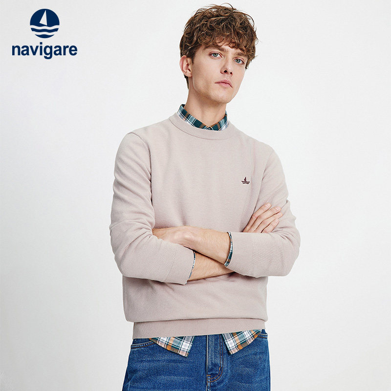 Navigare意大利小帆船圆领针织衫男士春秋季新品高弹通勤休闲