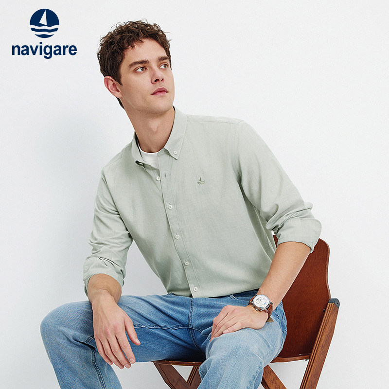[亚麻]Navigare意大利小帆船纯棉长袖衬衣男2026春季休
