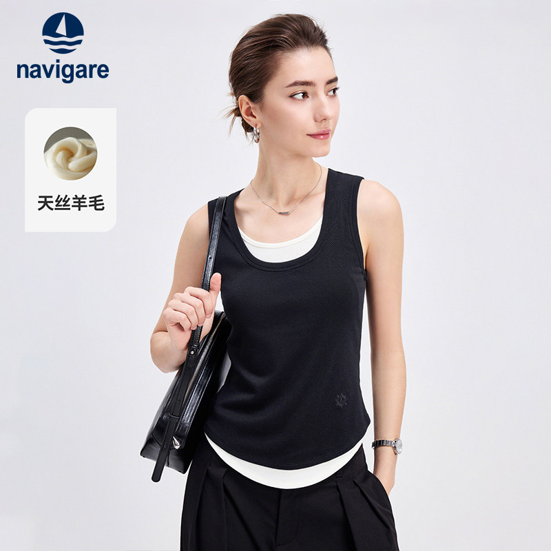 [假两件]Navigare小帆船新款针织吊带背心女士黑色休闲修身上衣