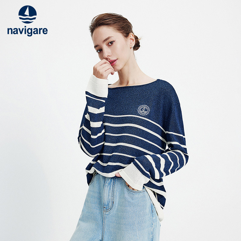 Navigare意大利小帆船高弹圆领针织衫女2026春季新款百搭条纹毛衣,女装/女士精品,毛针织衫,淘宝优惠券,粉丝福利购,淘宝优惠卷