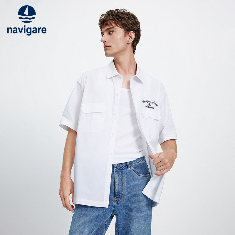 Navigare意大利小帆船白色短袖衬衫男2026夏季宽松翻领开