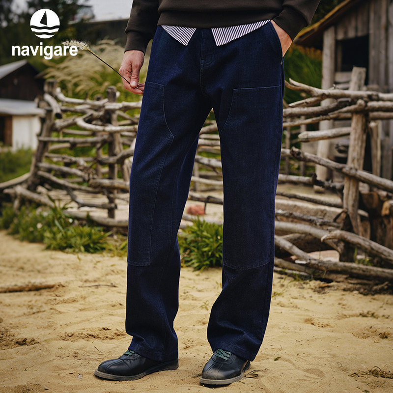 Navigare巴恩风磨毛微阔牛仔裤
