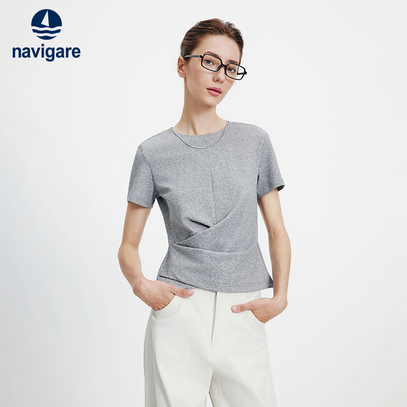 Navigare意大利小帆船灰色圆领短袖T恤女2026夏季修身百搭体恤衫