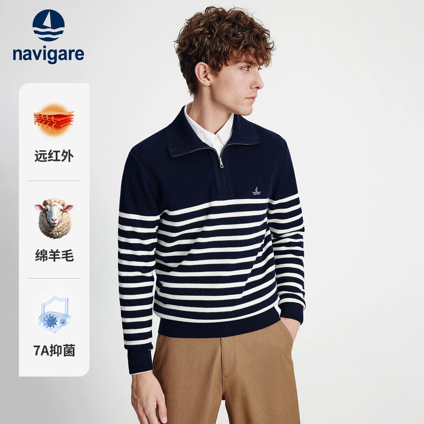 [张新成同款]Navigare小帆船海洋风条纹针织衫男士秋季休闲羊毛衫