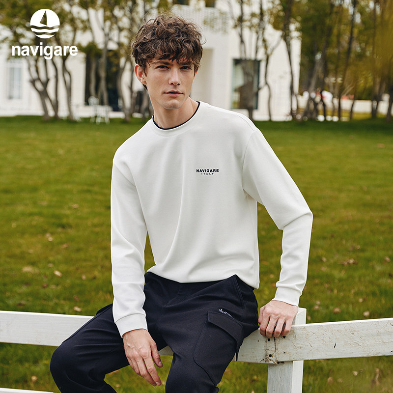 Navigare意大利小帆船撞色双层领休闲长袖T恤男春秋季新款套