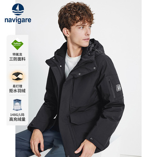 三防连帽外套 新品 Navigare意大利小帆船黑色厚款 羽绒服男2025冬季