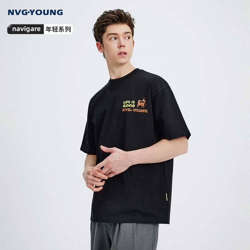 Navigare意大利小帆船黑色套头T恤男短袖2026夏季纯棉宽