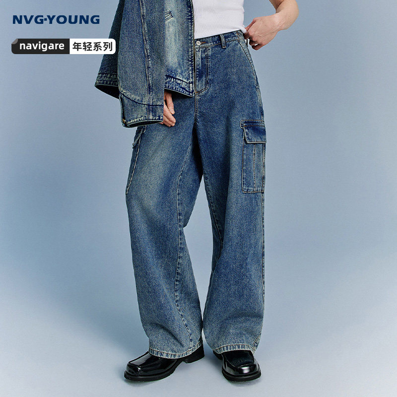Navigare意大利小帆船纯棉水洗牛仔裤男2026春夏新款宽松直筒长裤