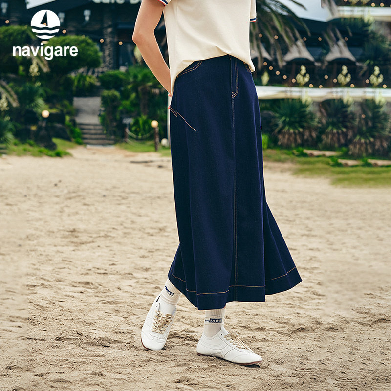 Navigare意大利小帆船高腰显瘦半身裙女2026春夏弹力A字