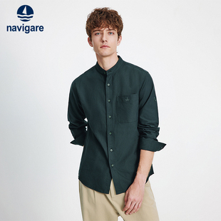 新品 男春秋季 纯棉立领衬衣 衬衫 Navigare意大利小帆船绿色休闲长袖