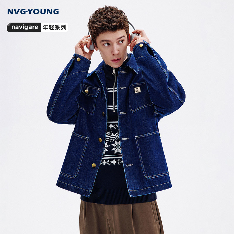 Navigare意大利小帆船水洗牛仔夹克男春秋季新款休闲工装茄克