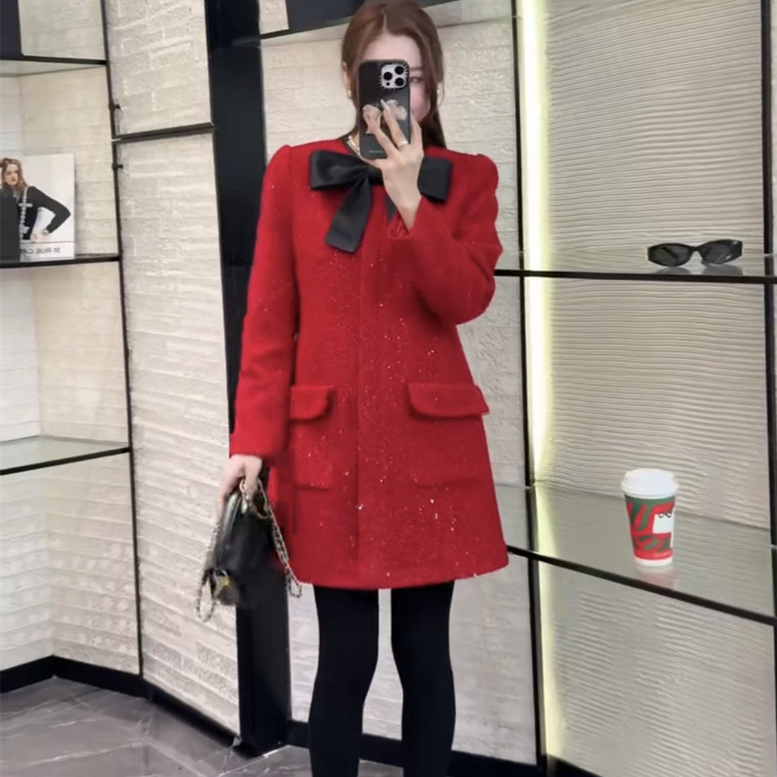 冬季小香风亮片蝴蝶结毛呢外套女