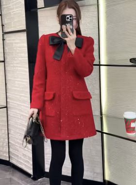 欧洲站2025冬V+.com名媛时尚圆领蝴蝶结亮片小香风毛呢外套25322