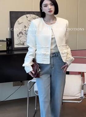 欧洲站2025春季女V+.com时尚圆领钉珠流苏短款小香风外套60655