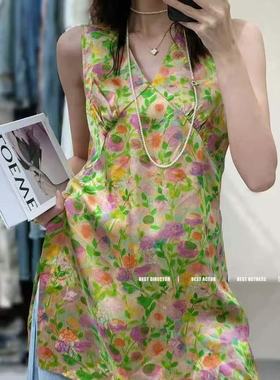 南油欧洲站2025春夏女v+.com时尚V领压褶复古印花无袖连衣裙59960