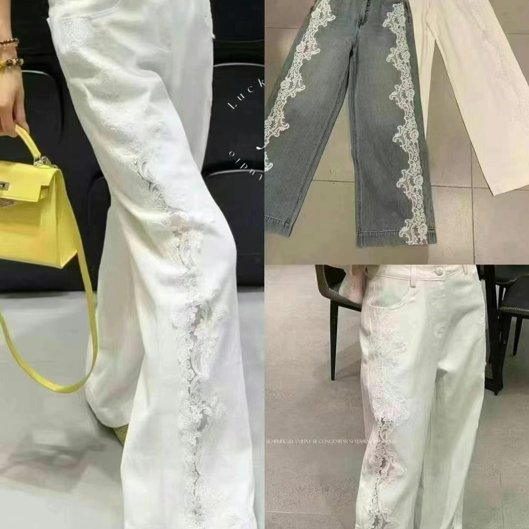 时尚高腰侧边拼接蕾丝钩花牛仔裤