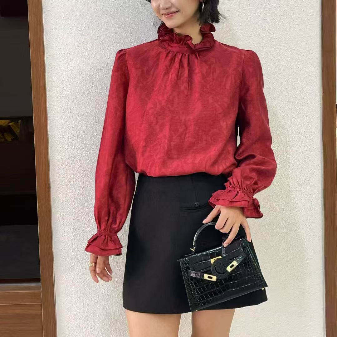 欧洲站早春法式半高领甜美衬衫女