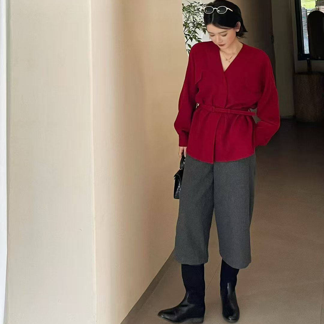 欧洲站2025冬V+羊毛短外套衬衫潮