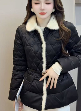 欧洲站2025冬季女LD水貂毛领配腰带收腰显瘦鸭绒保暖羽绒服YQ808