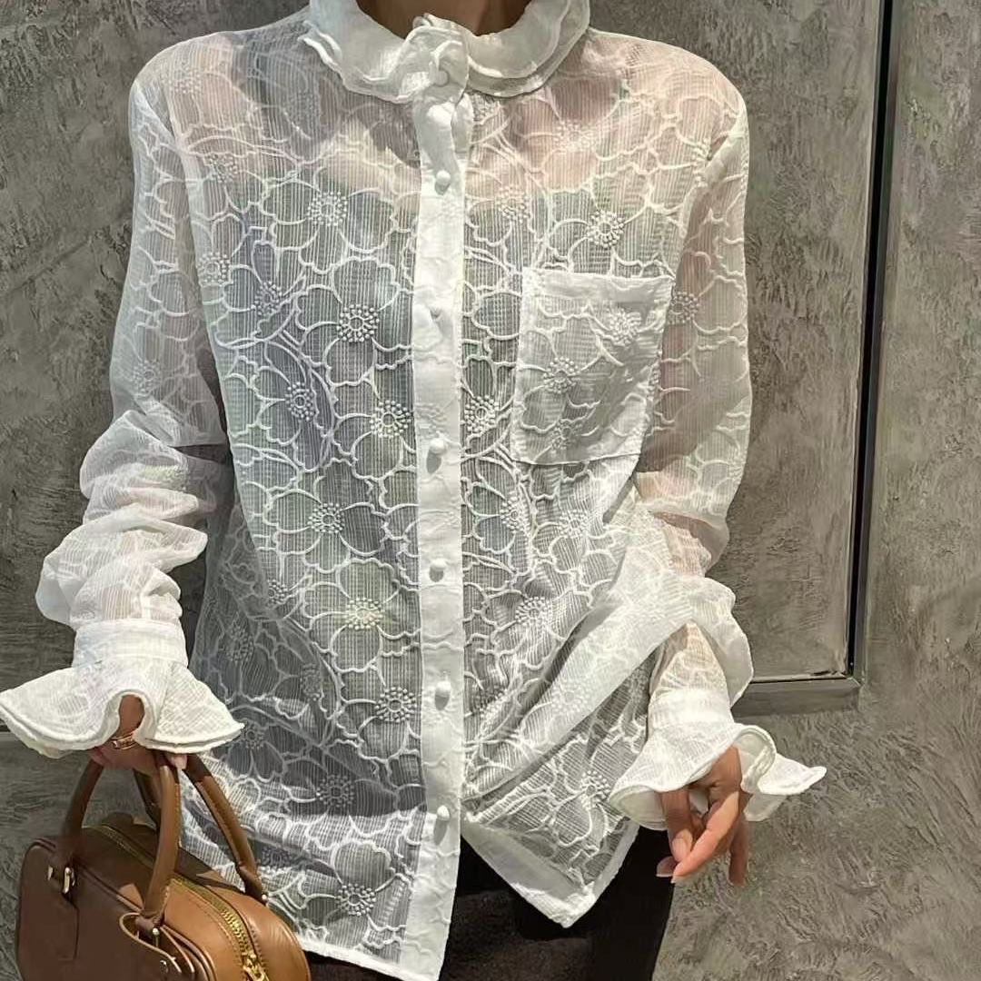 白色2025秋冬喇叭袖薄款时尚欧货