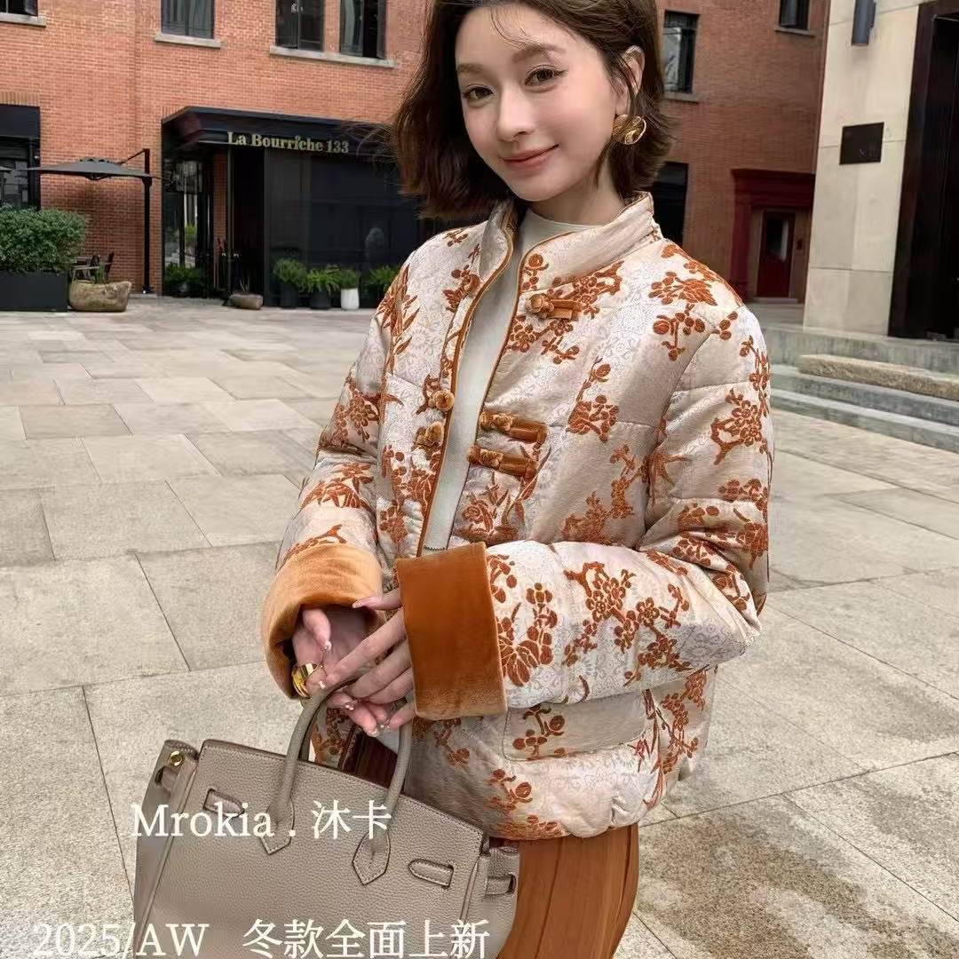 立领盘扣白鹅绒撞色丝绒羽绒服女