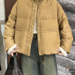 欧洲站2025冬Dong.one水貂毛立领重工钉珠刺绣白鹅绒羽绒服女8062