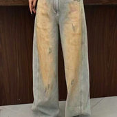 女休闲牛仔裤 欧洲站2025冬V .com设计感扎染磨破加绒弯刀裤 23203