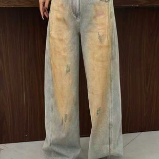 23203 女休闲牛仔裤 欧洲站2025冬V .com设计感扎染磨破加绒弯刀裤