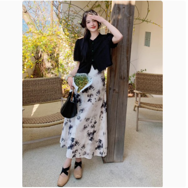 HT749套装女两件套2026热销爆款新中式国风夏季时尚水墨花半身裙