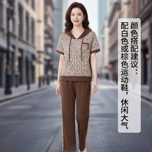 HT474-2026夏季新款妈妈装连帽短袖套装时尚印花休闲裤两件套女