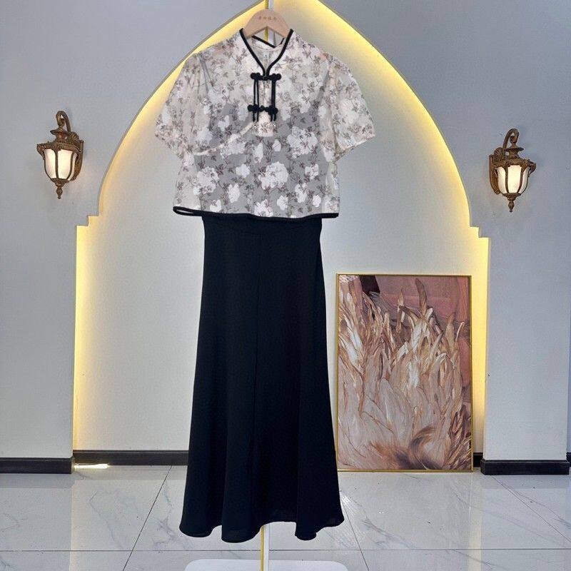 HT694套装女两件2026夏新款国风气质时尚小衫+连衣裙遮肉显瘦减龄