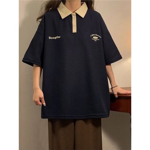 宽松半袖 重磅华夫格美式 学院风t恤女学生韩版 polo衫 上衣夏 女短袖