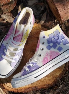 Converse All Star正品匡威女鞋花卉刺绣印花白色高帮570580C