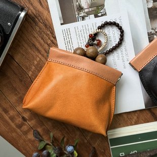 MOZE头层牛皮文玩串珠首饰核桃收纳袋弹片口金包小巧便携式内胆包
