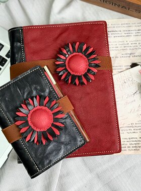 MOZE真皮活页手账本A5A6A7手工缝制向日葵皮筋绑绳牛皮记事本日记