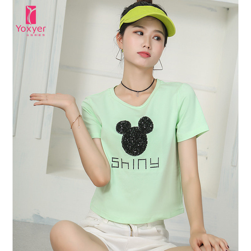 yoxyer以线缘服饰夏季新款亮片纯棉宽松个性图案米老鼠T恤女