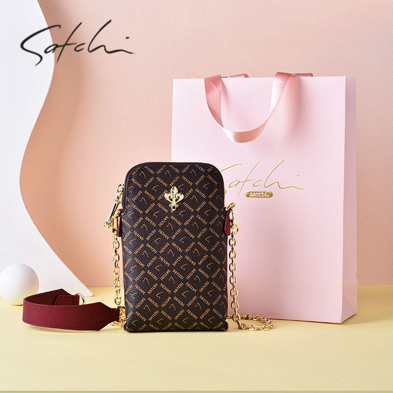 沙驰正品女包2023新款女士单肩包轻奢竖款真皮包包复古印花链条包