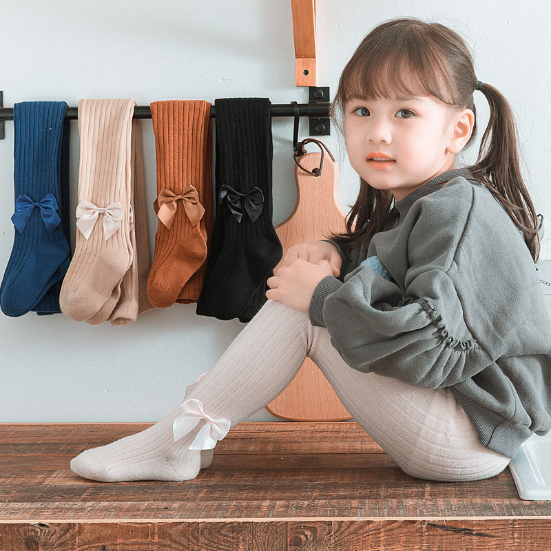 2021新款儿连袜裤女拉绒蝴蝶结竖条连裤袜纯色舞蹈袜