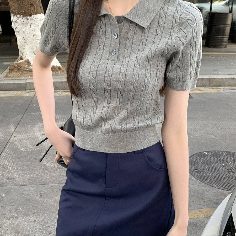 老钱风polo领麻花纹针织短袖女春夏季正肩打底小个子短款T恤上衣